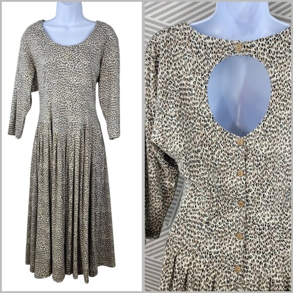 Vintage Shirt Dress 10 12 Midi Long Alt Fit Flare skirt Leopard Cheetah Keyhole - Picture 1 of 11